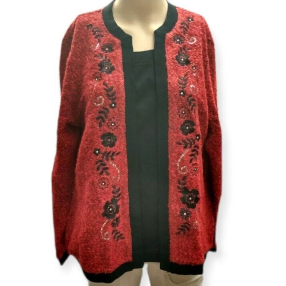 Cathy Daniels Womens Top Size L Red Black Long Sleeve Rhinestone Sequin Embroide